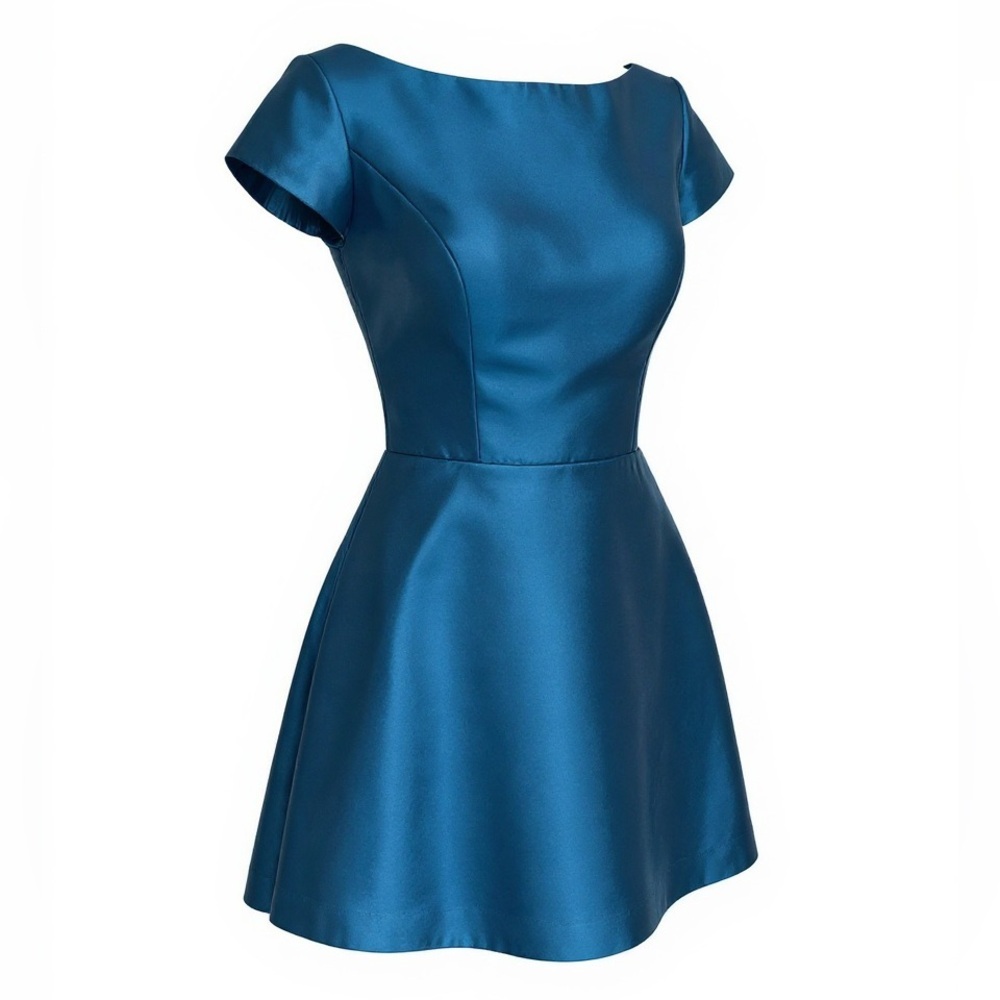 NWT Sherri Hill Mikado Teal Satin Cap Sleeve Fit and Flare Dress Size 4